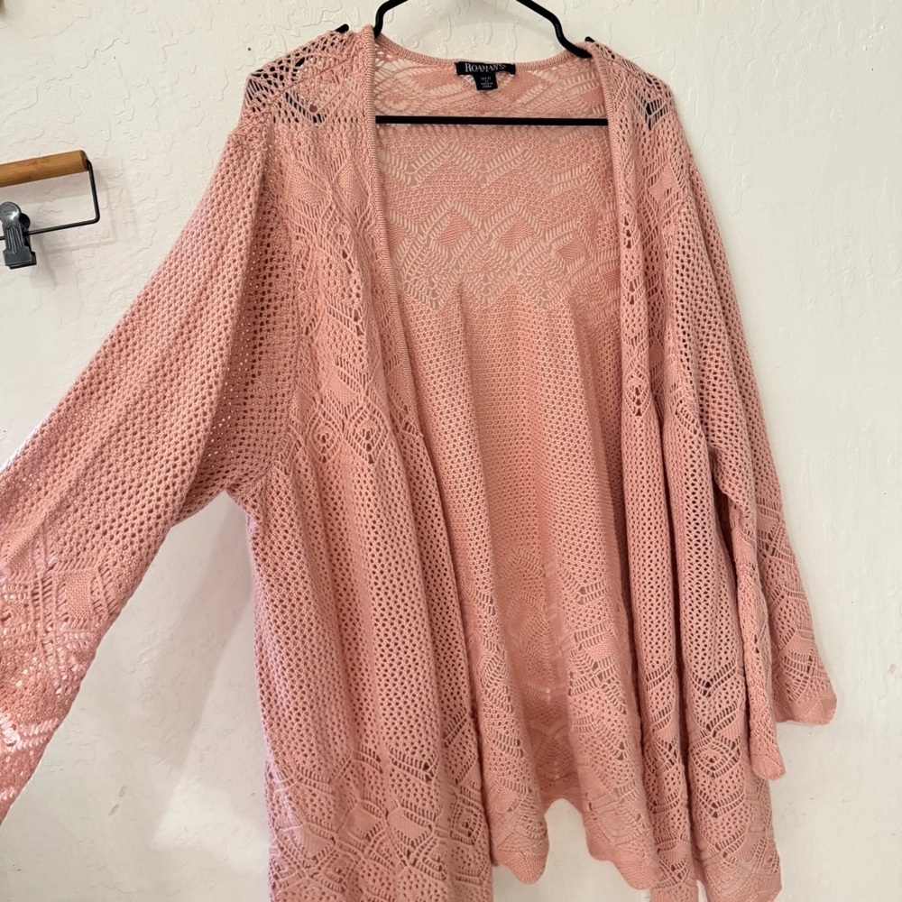 Roaman’s Plus Size Pink Crochet Wide Sleeve Eyelet Knit Cardigan 30/32 - Picture 4 of 7